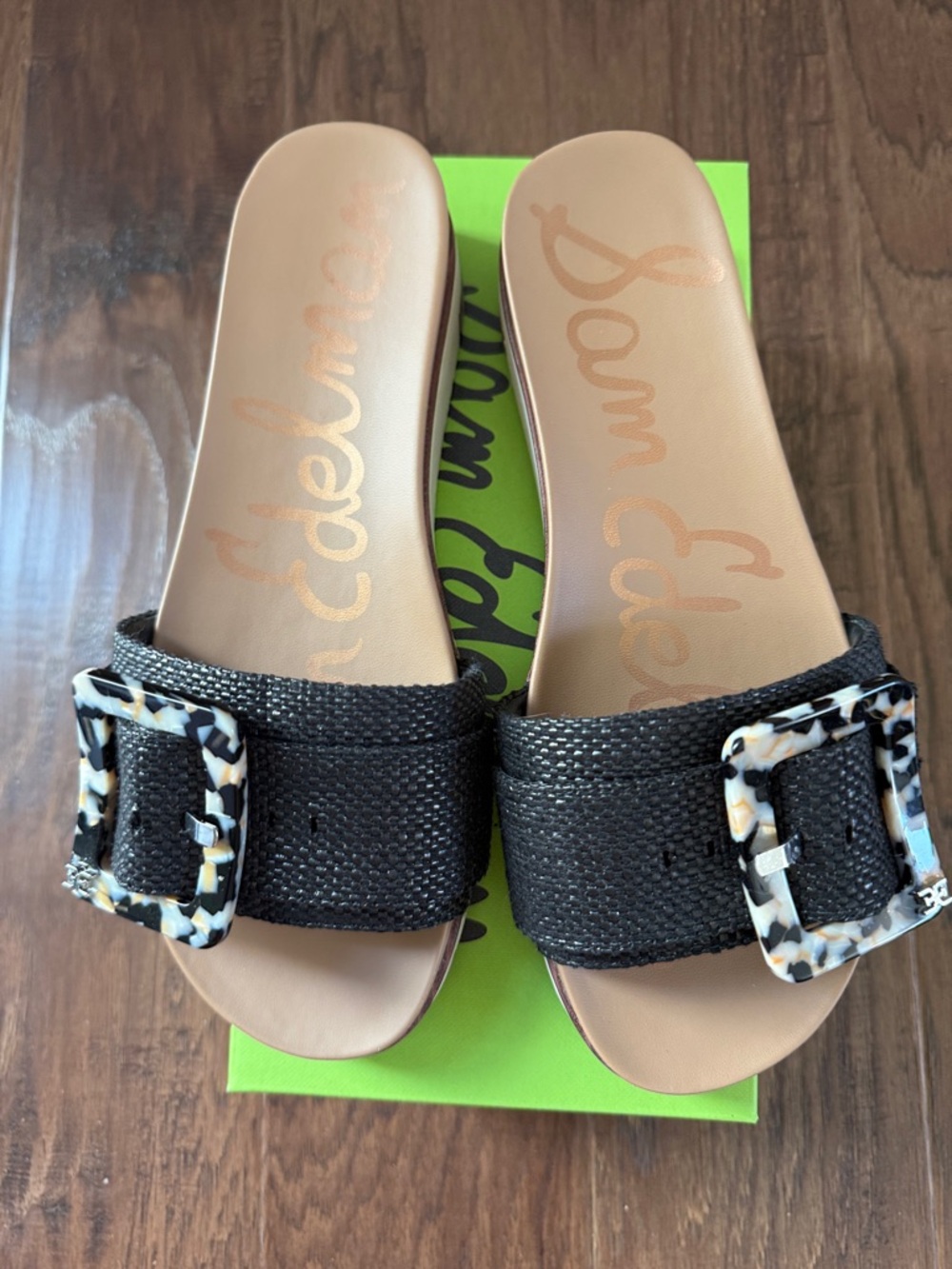 Sam Edelman Black Basketweave Slide Sandals with Tortoiseshell Buckle